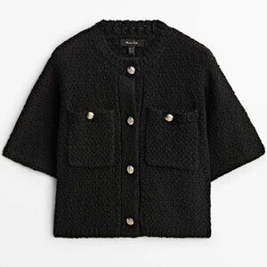 Massimo Dutti Black Short Sleeve Knit Cardigan With Gold Button Details